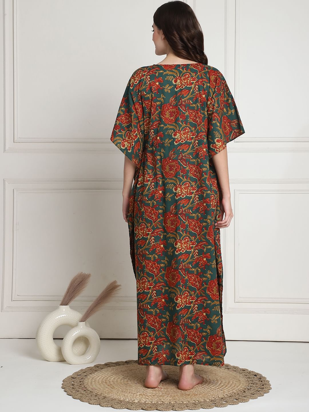 Floral Print Dark Green Cotton Maternity Kaftan full length