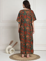 Floral Print Dark Green Cotton Maternity Kaftan full length