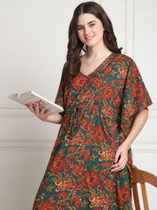 Floral Print Dark Green Cotton Maternity Kaftan full length