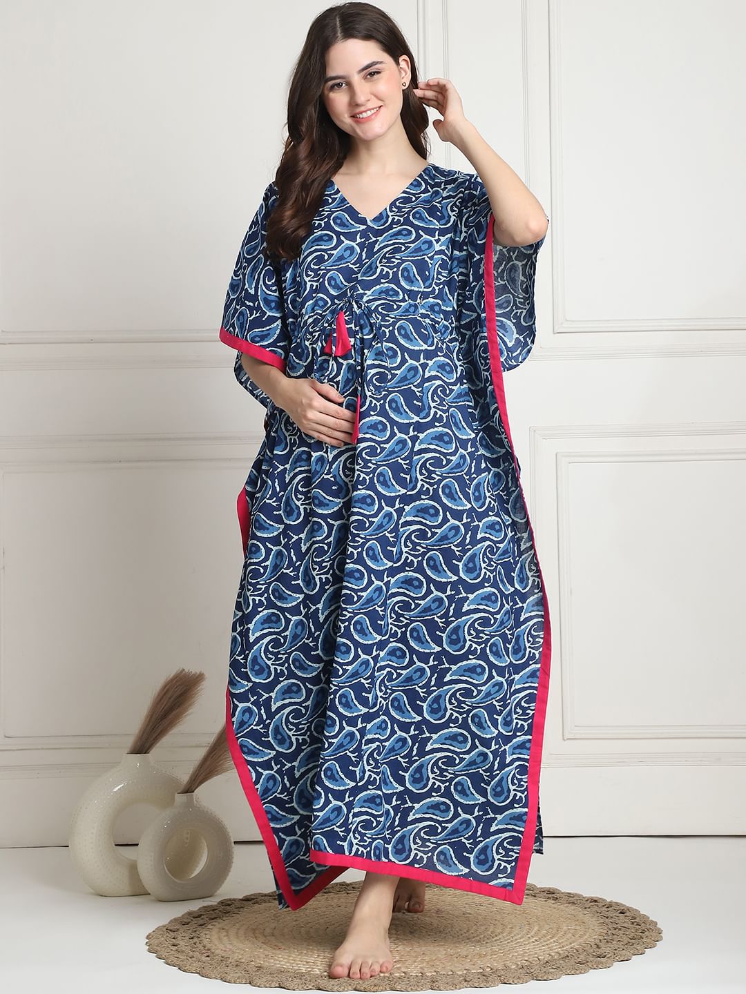 Printed Navy Blue Cotton Maternity Kaftan full length