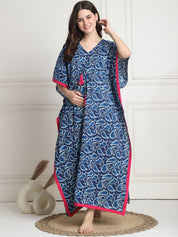 Printed Navy Blue Cotton Maternity Kaftan full length