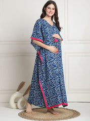 Printed Navy Blue Cotton Maternity Kaftan full length