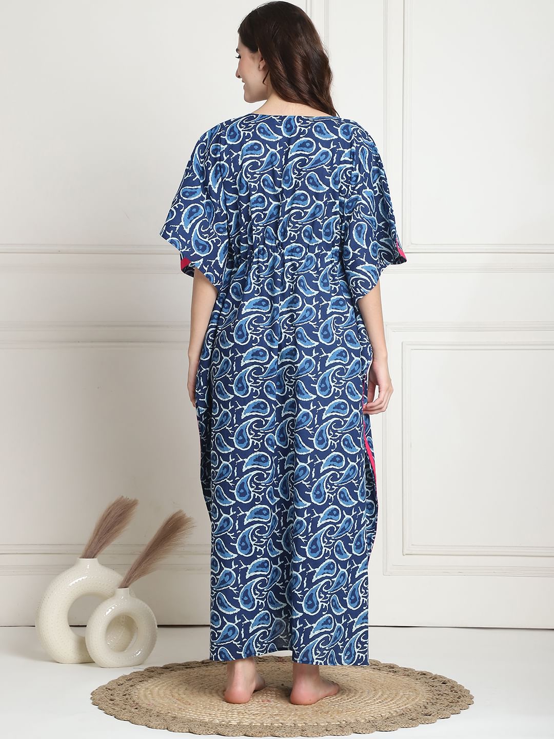 Printed Navy Blue Cotton Maternity Kaftan full length