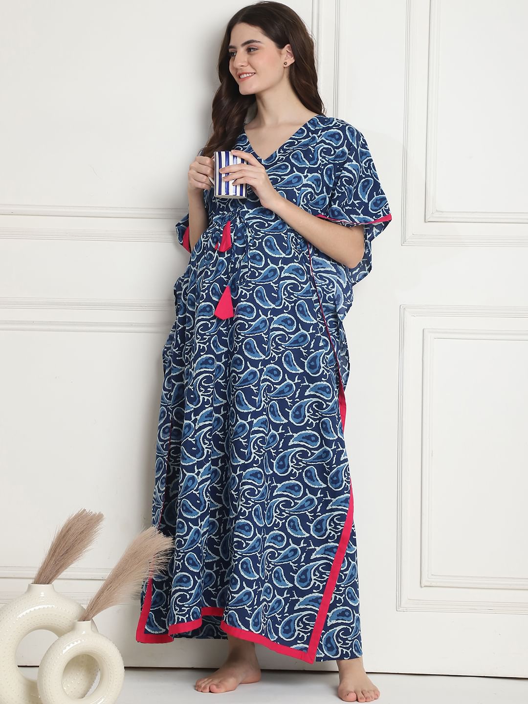 Printed Navy Blue Cotton Maternity Kaftan full length