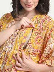 Printed Yellow Cotton Maternity Kaftan Full Length