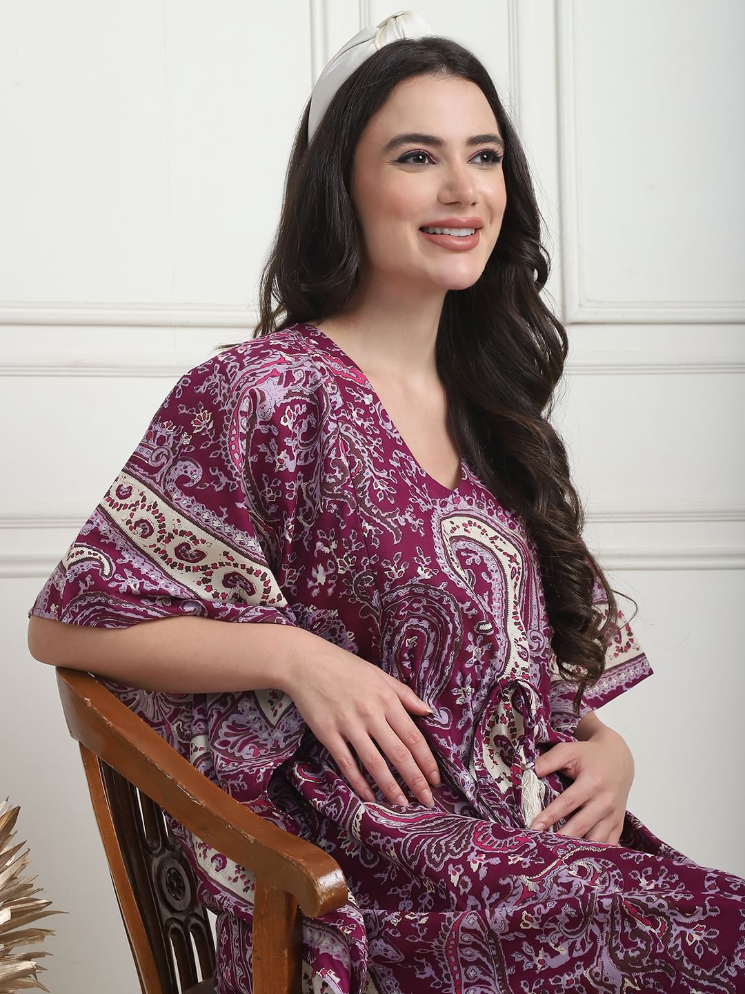 Printed Purple Cotton Maternity Kaftan Full Length