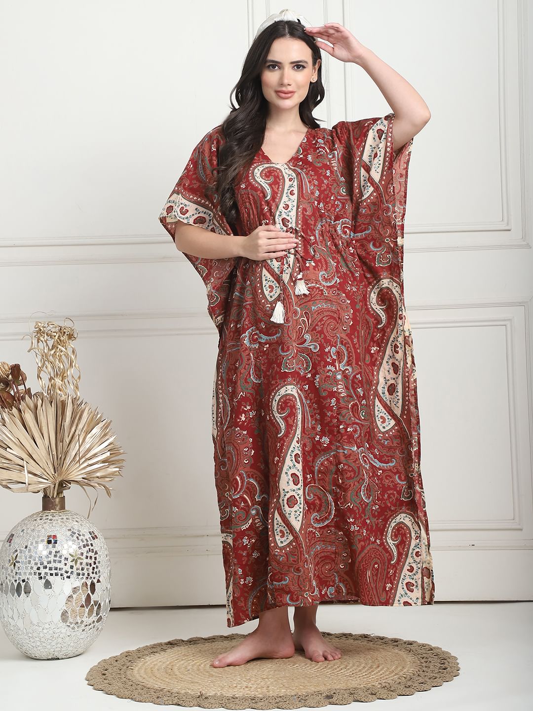 Printed Maroon Cotton Maternity Kaftan Full Length