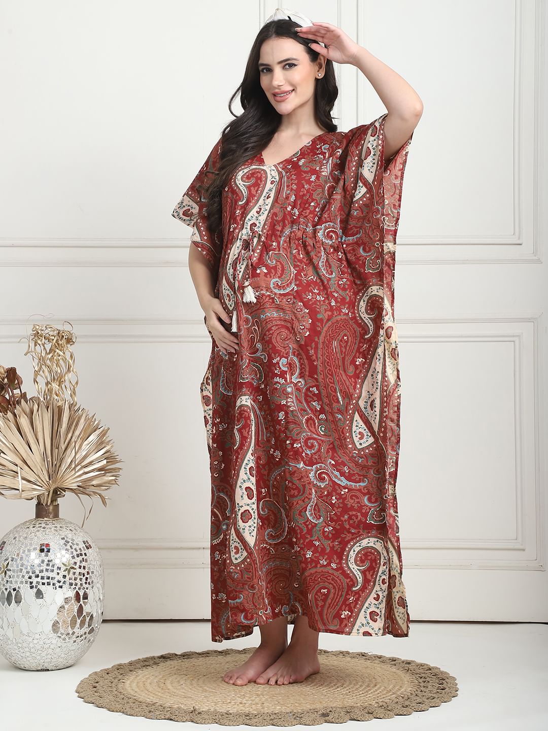 Printed Maroon Cotton Maternity Kaftan Full Length
