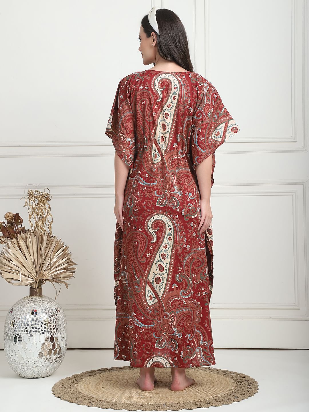 Printed Maroon Cotton Maternity Kaftan Full Length