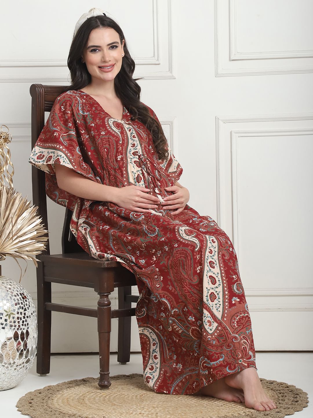 Printed Maroon Cotton Maternity Kaftan Full Length