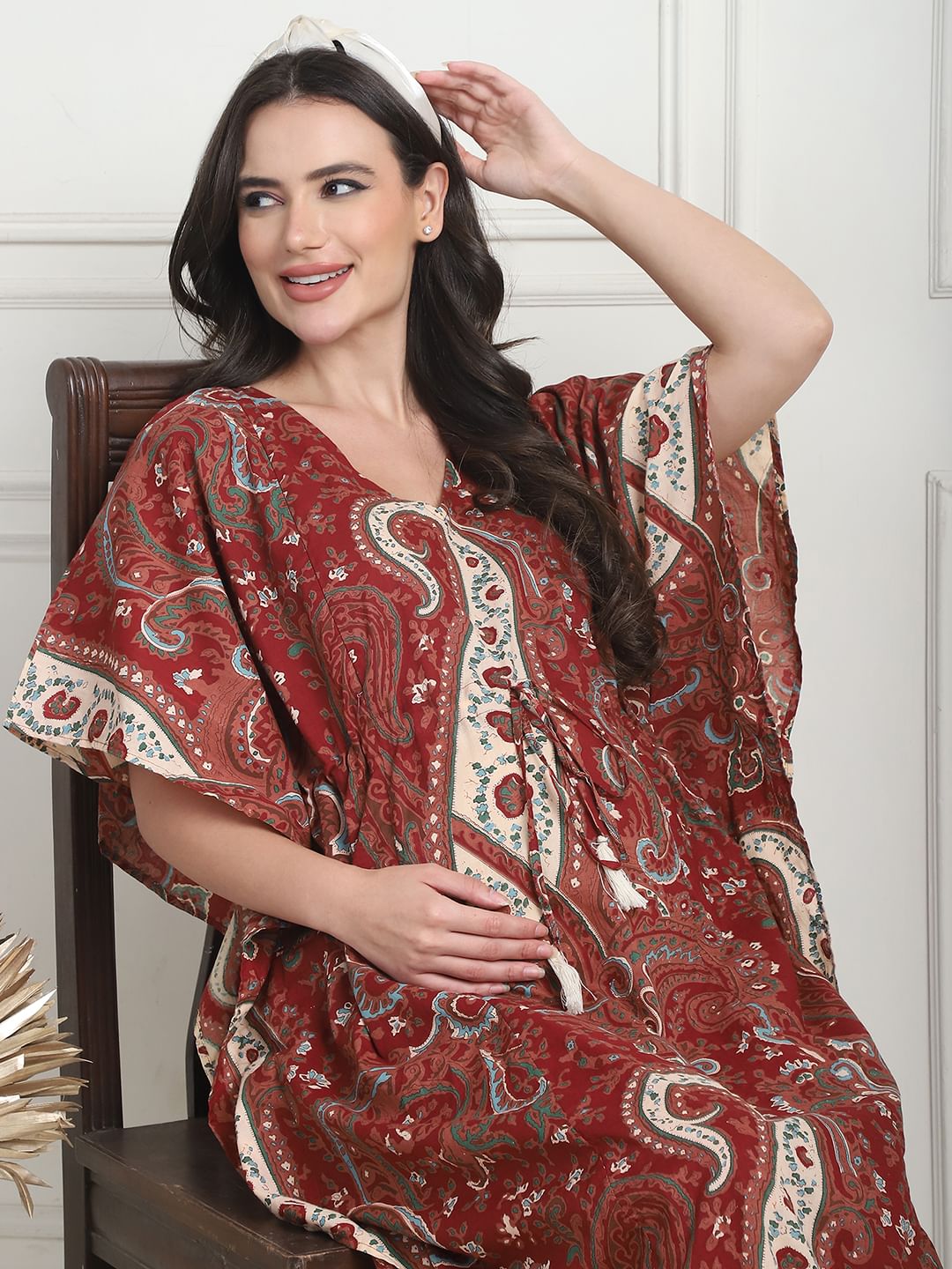 Printed Maroon Cotton Maternity Kaftan Full Length