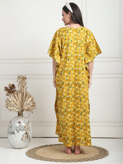 Floral Print Yellow Cotton Maternity Kaftan Full Length