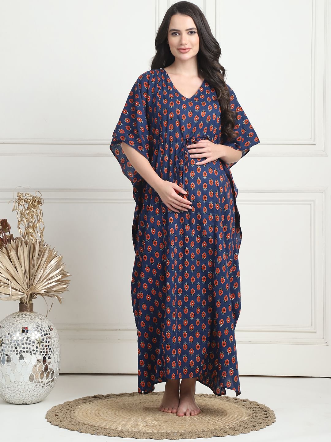 Floral Print Dark Blue Cotton Maternity Kaftan Full Length