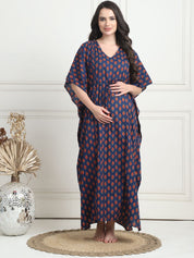 Floral Print Dark Blue Cotton Maternity Kaftan Full Length