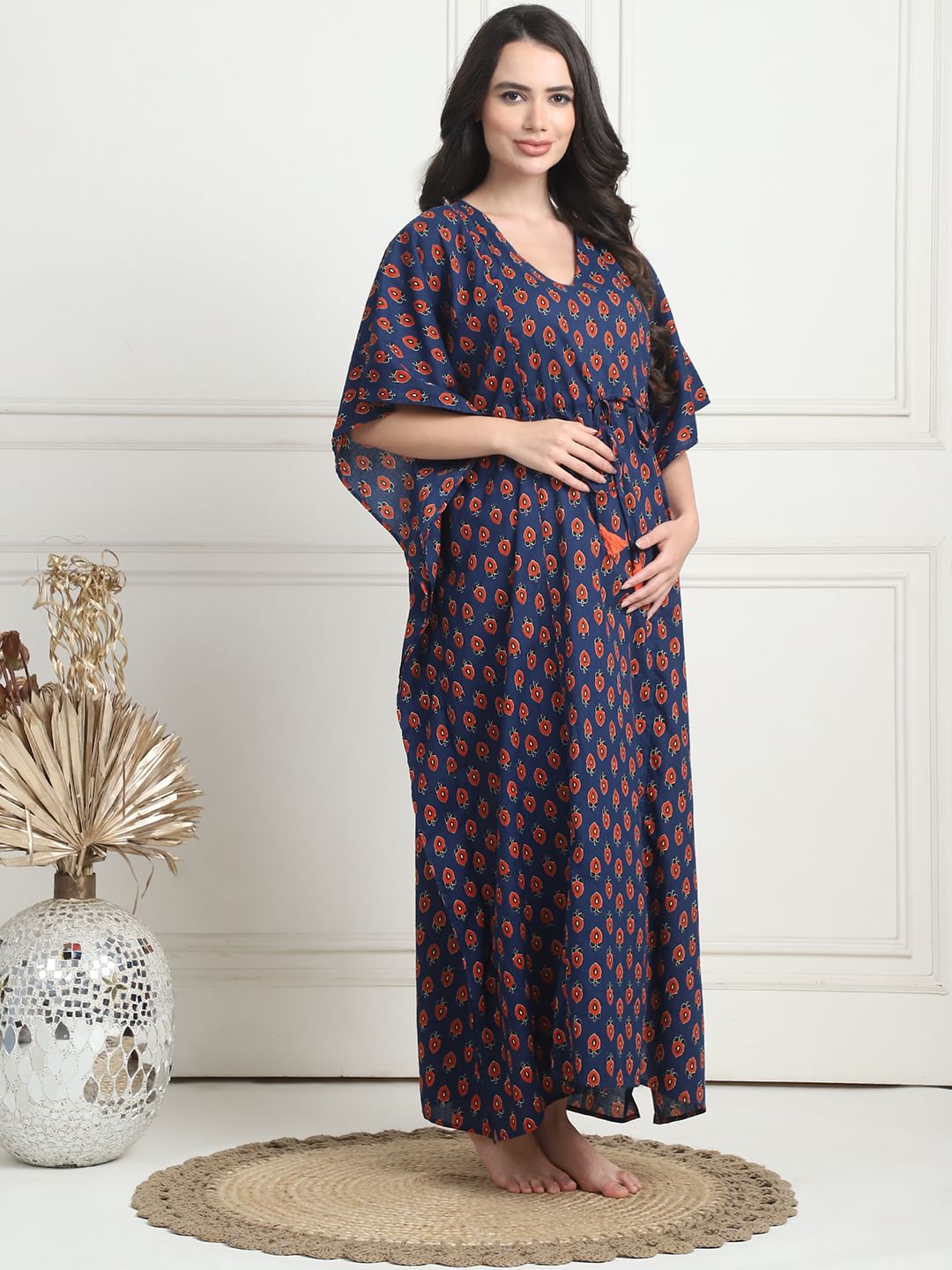Floral Print Dark Blue Cotton Maternity Kaftan Full Length