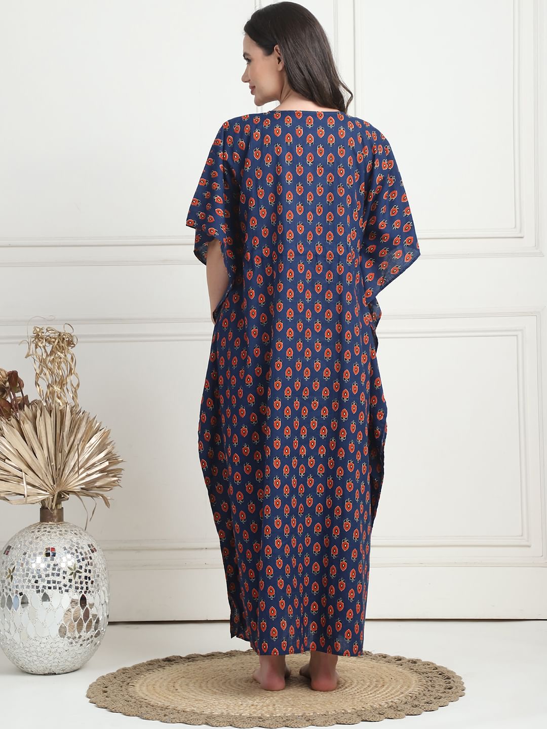 Floral Print Dark Blue Cotton Maternity Kaftan Full Length