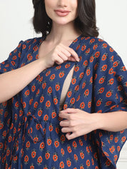 Floral Print Dark Blue Cotton Maternity Kaftan Full Length