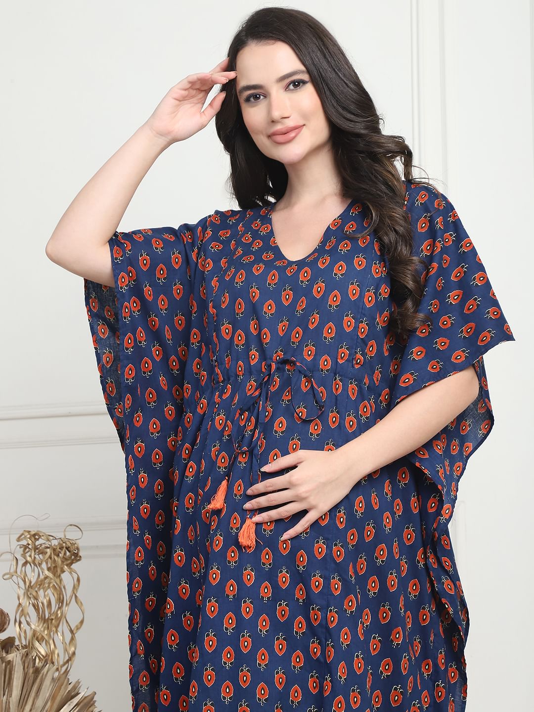 Floral Print Dark Blue Cotton Maternity Kaftan Full Length