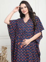 Floral Print Dark Blue Cotton Maternity Kaftan Full Length