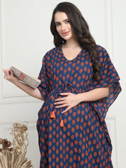 Floral Print Dark Blue Cotton Maternity Kaftan Full Length