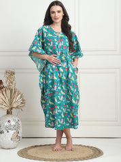 Printed  Sea Green Cotton Maternity Kaftan Calf Length