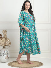 Printed  Sea Green Cotton Maternity Kaftan Calf Length