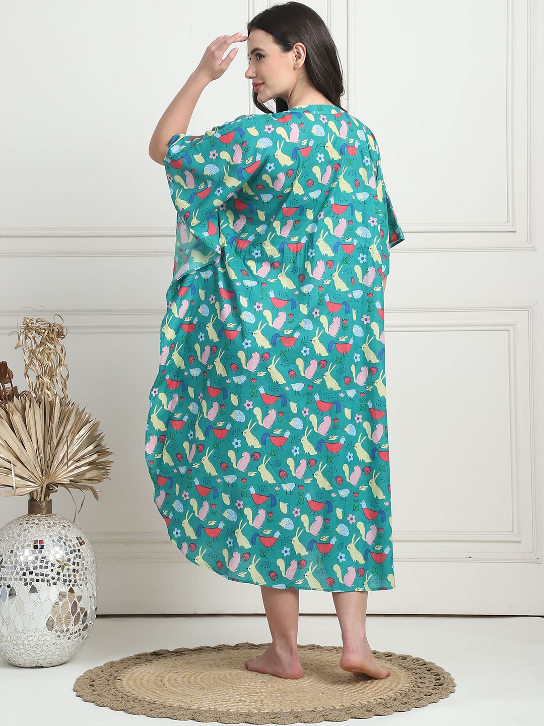 Printed  Sea Green Cotton Maternity Kaftan Calf Length