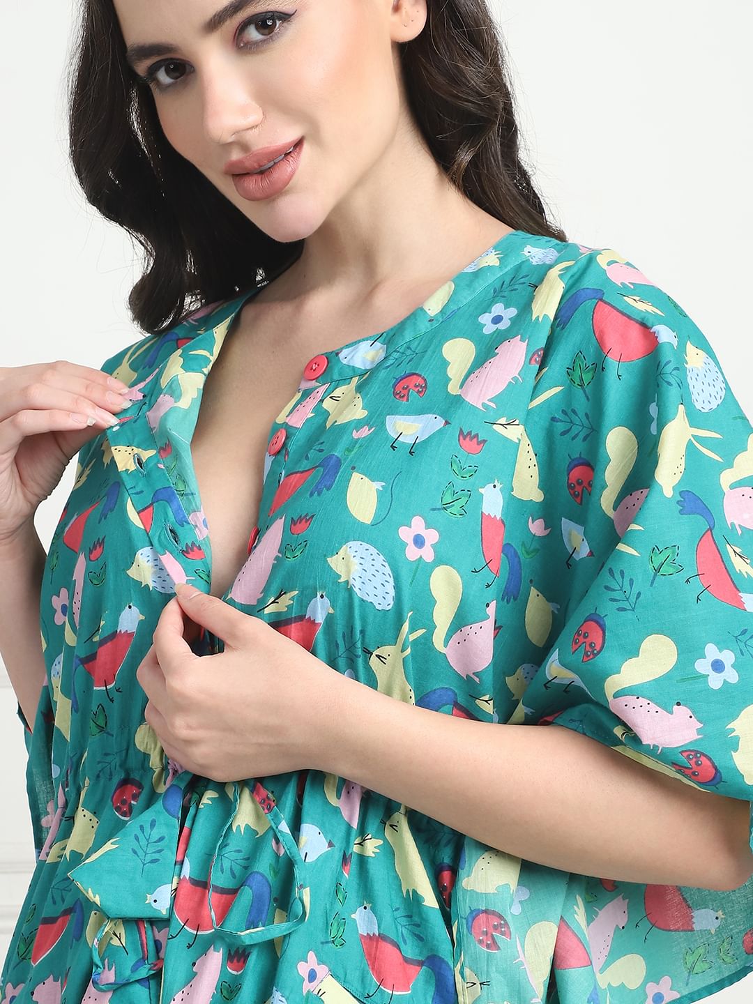 Printed  Sea Green Cotton Maternity Kaftan Calf Length