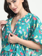 Printed  Sea Green Cotton Maternity Kaftan Calf Length