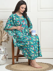 Printed  Sea Green Cotton Maternity Kaftan Calf Length