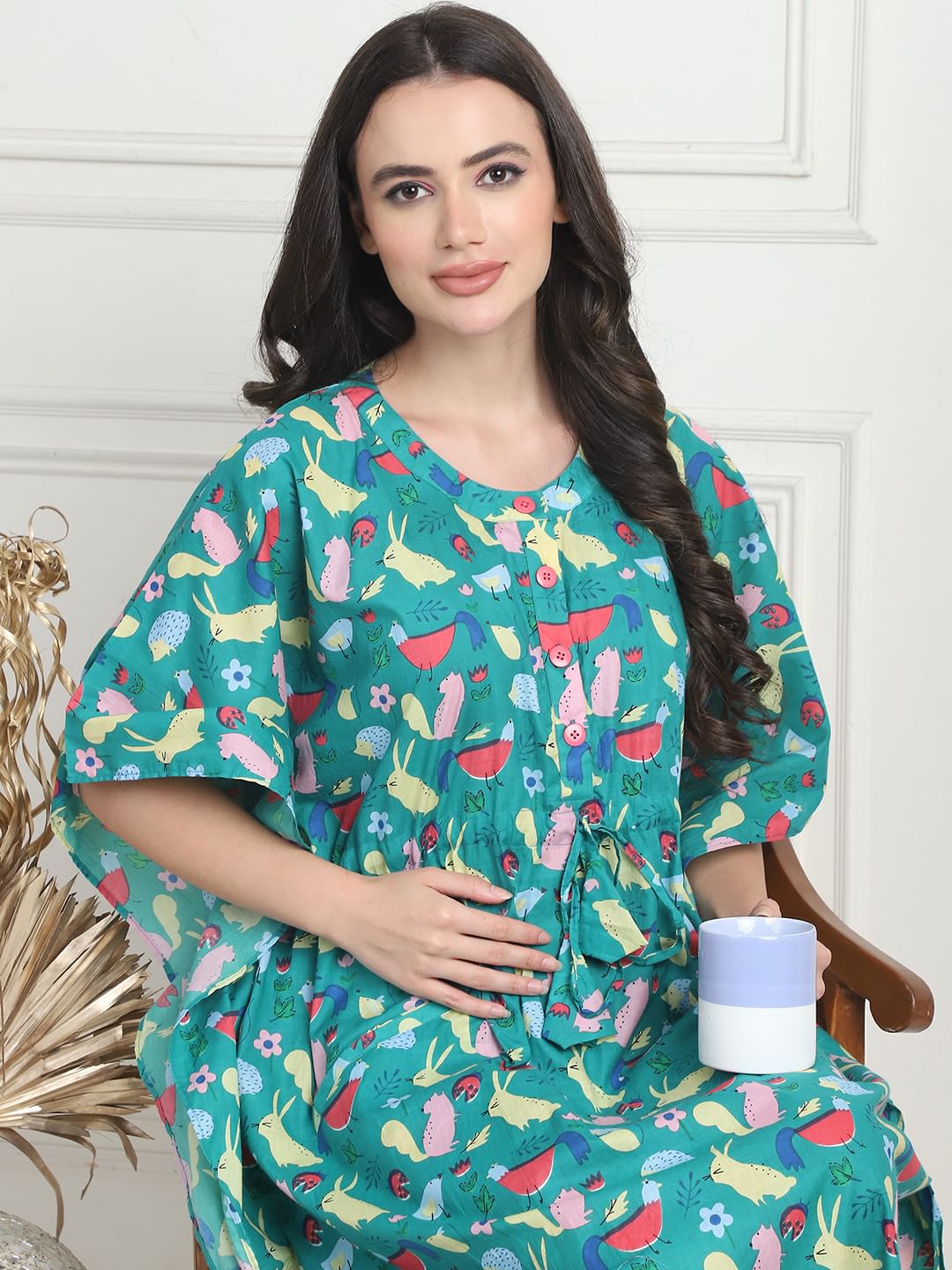 Printed  Sea Green Cotton Maternity Kaftan Calf Length