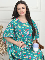 Printed  Sea Green Cotton Maternity Kaftan Calf Length