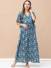 Floral Print Blue Cotton Maternity Kaftan Full Length