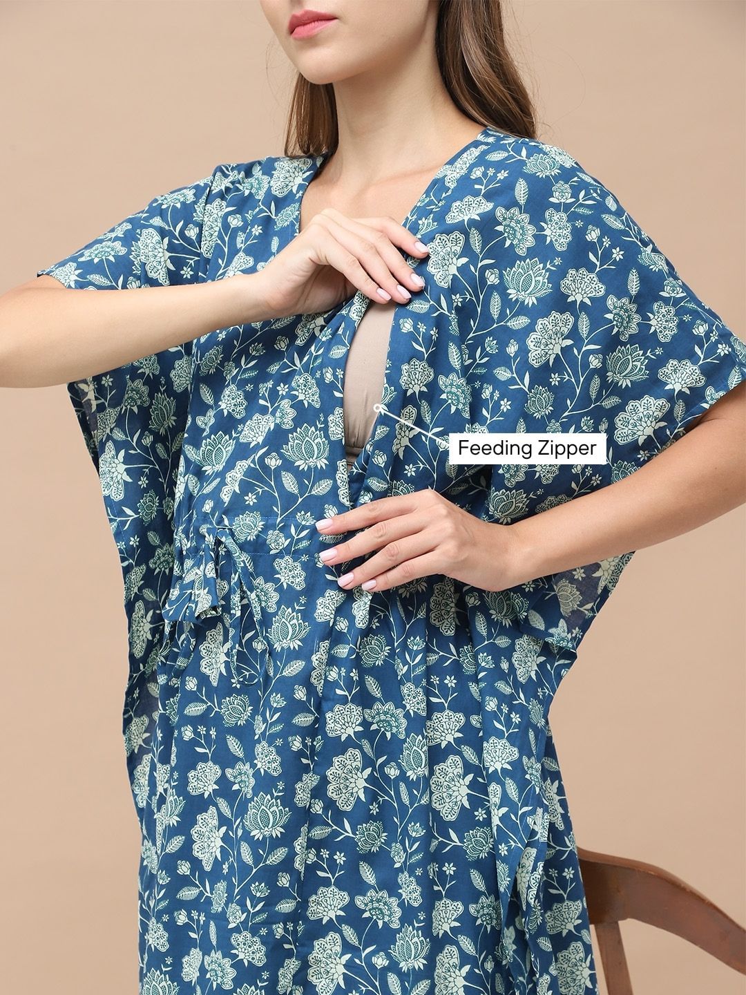 Floral Print Blue Cotton Maternity Kaftan Full Length