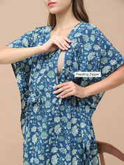 Floral Print Blue Cotton Maternity Kaftan Full Length