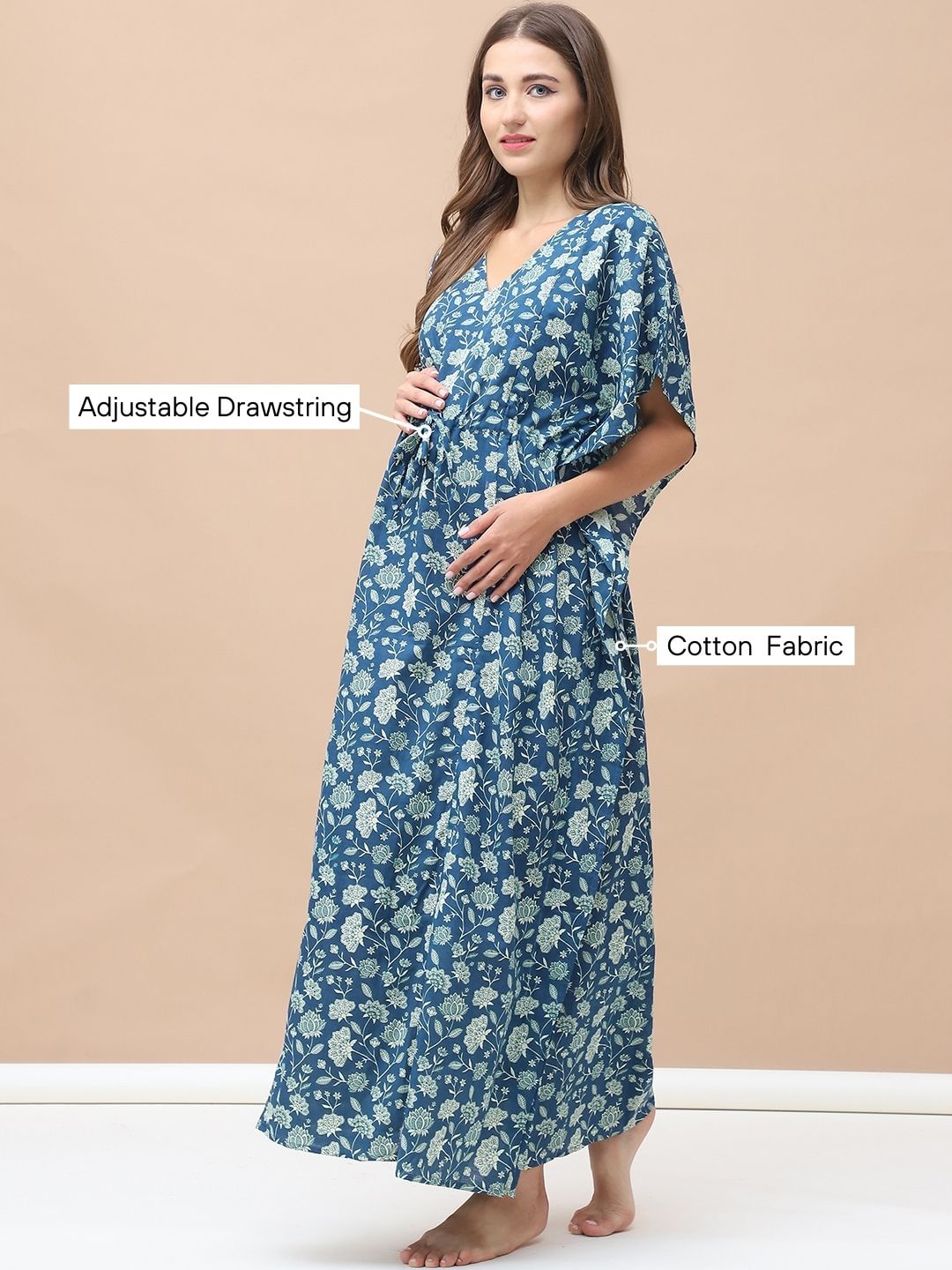 Floral Print Blue Cotton Maternity Kaftan Full Length