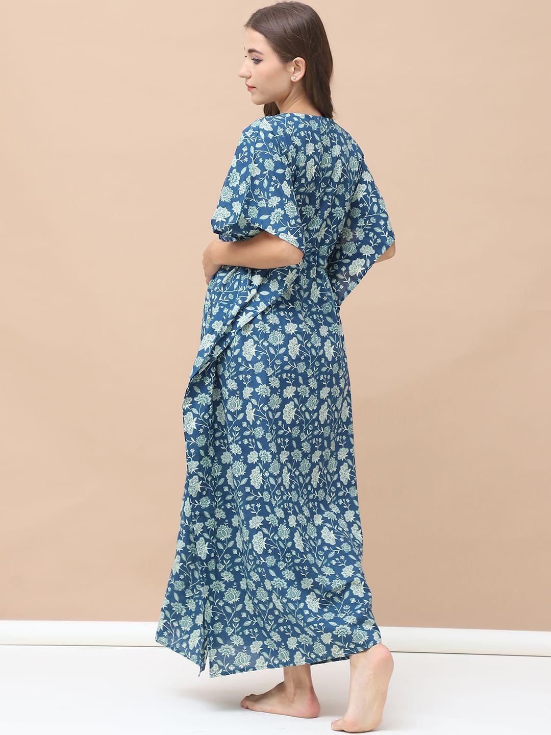 Floral Print Blue Cotton Maternity Kaftan Full Length