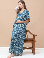 Floral Print Blue Cotton Maternity Kaftan Full Length