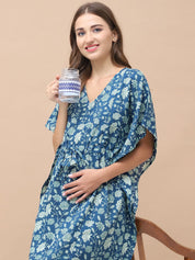 Floral Print Blue Cotton Maternity Kaftan Full Length