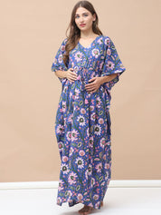 Floral Print Blue Cotton Maternity Kaftan Full Length