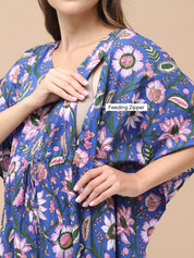 Floral Print Blue Cotton Maternity Kaftan Full Length