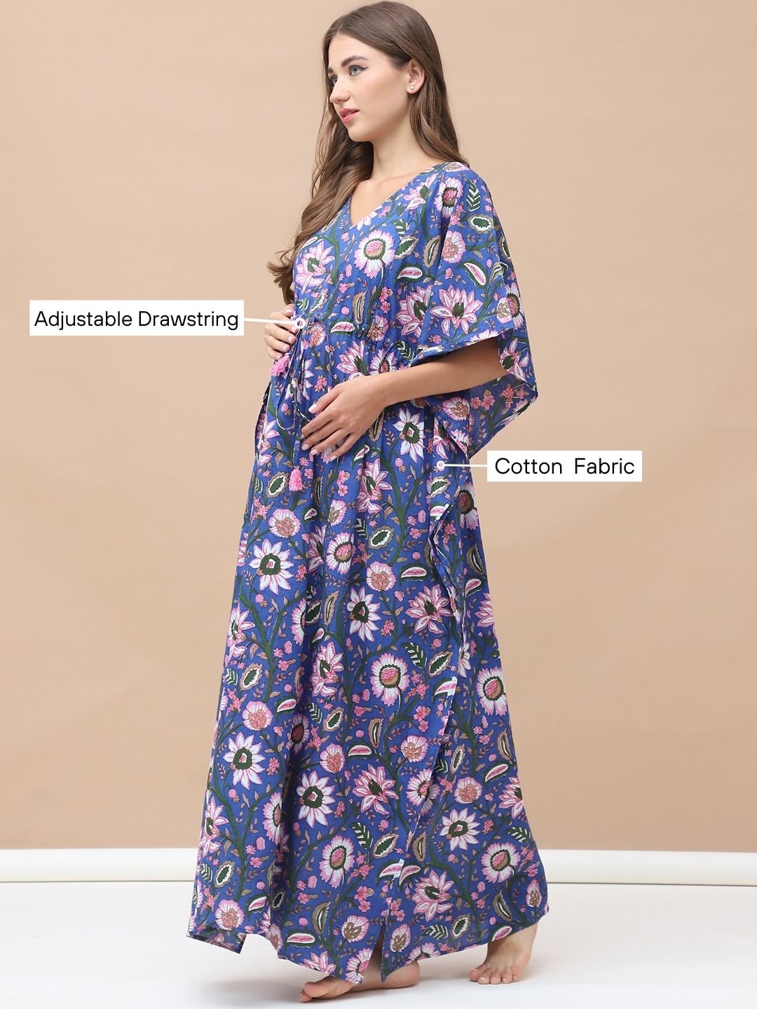 Floral Print Blue Cotton Maternity Kaftan Full Length