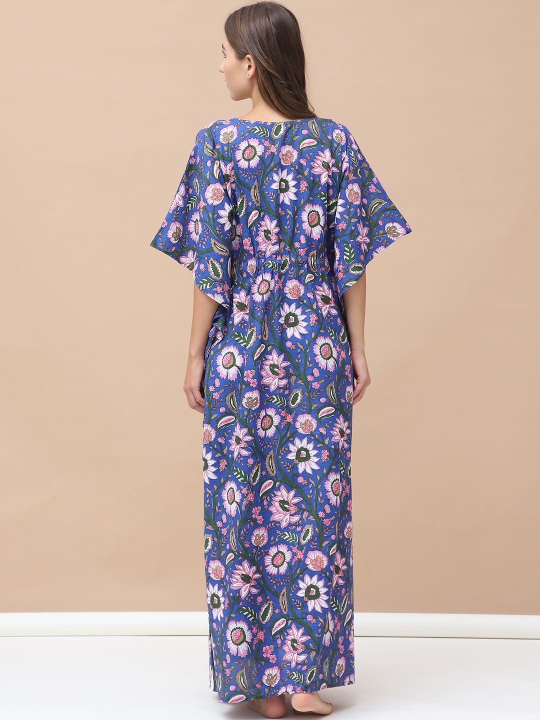 Floral Print Blue Cotton Maternity Kaftan Full Length