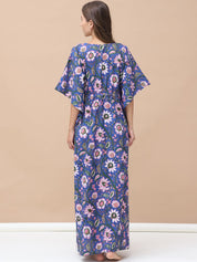 Floral Print Blue Cotton Maternity Kaftan Full Length