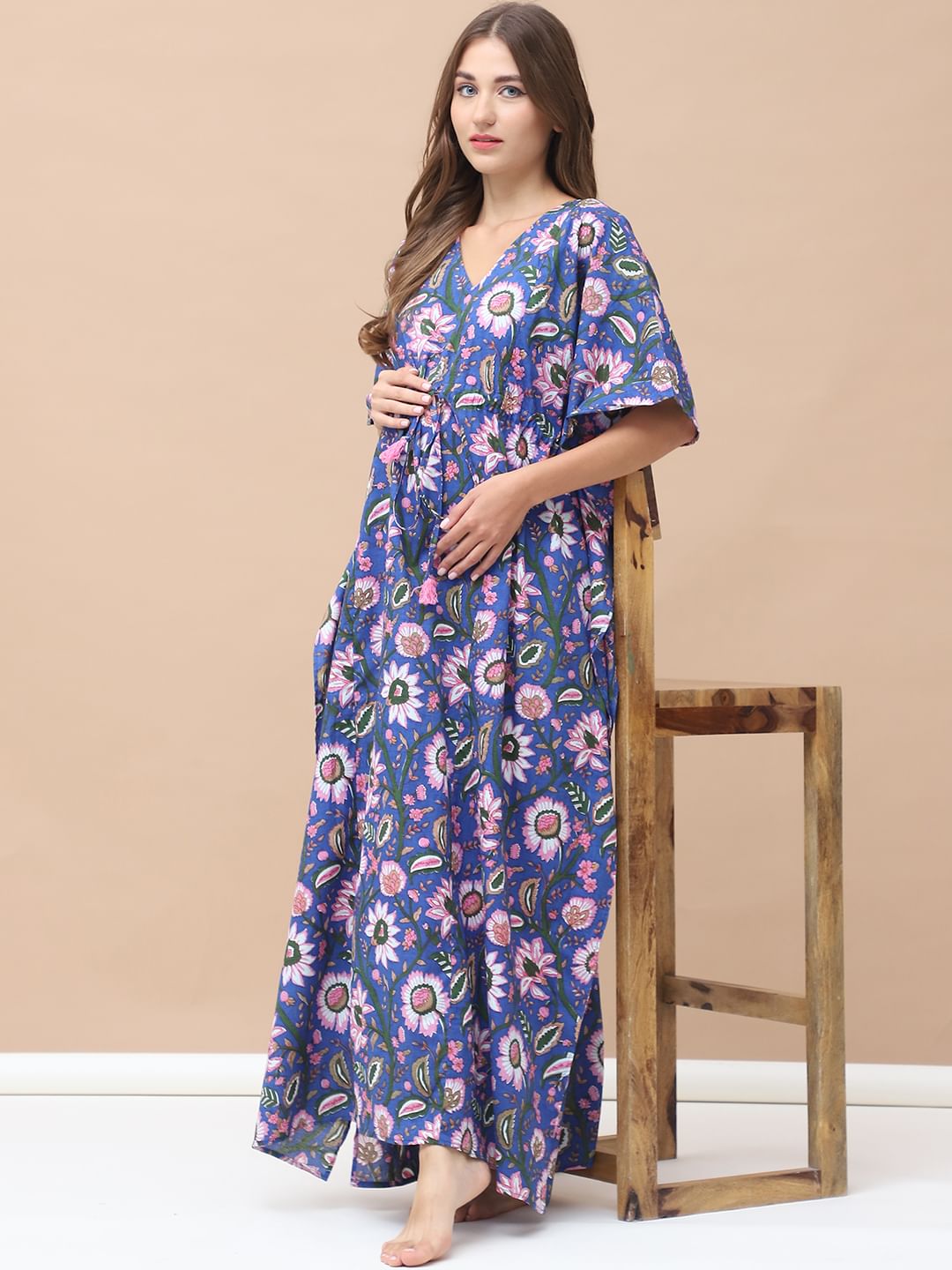 Floral Print Blue Cotton Maternity Kaftan Full Length