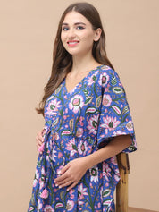 Floral Print Blue Cotton Maternity Kaftan Full Length