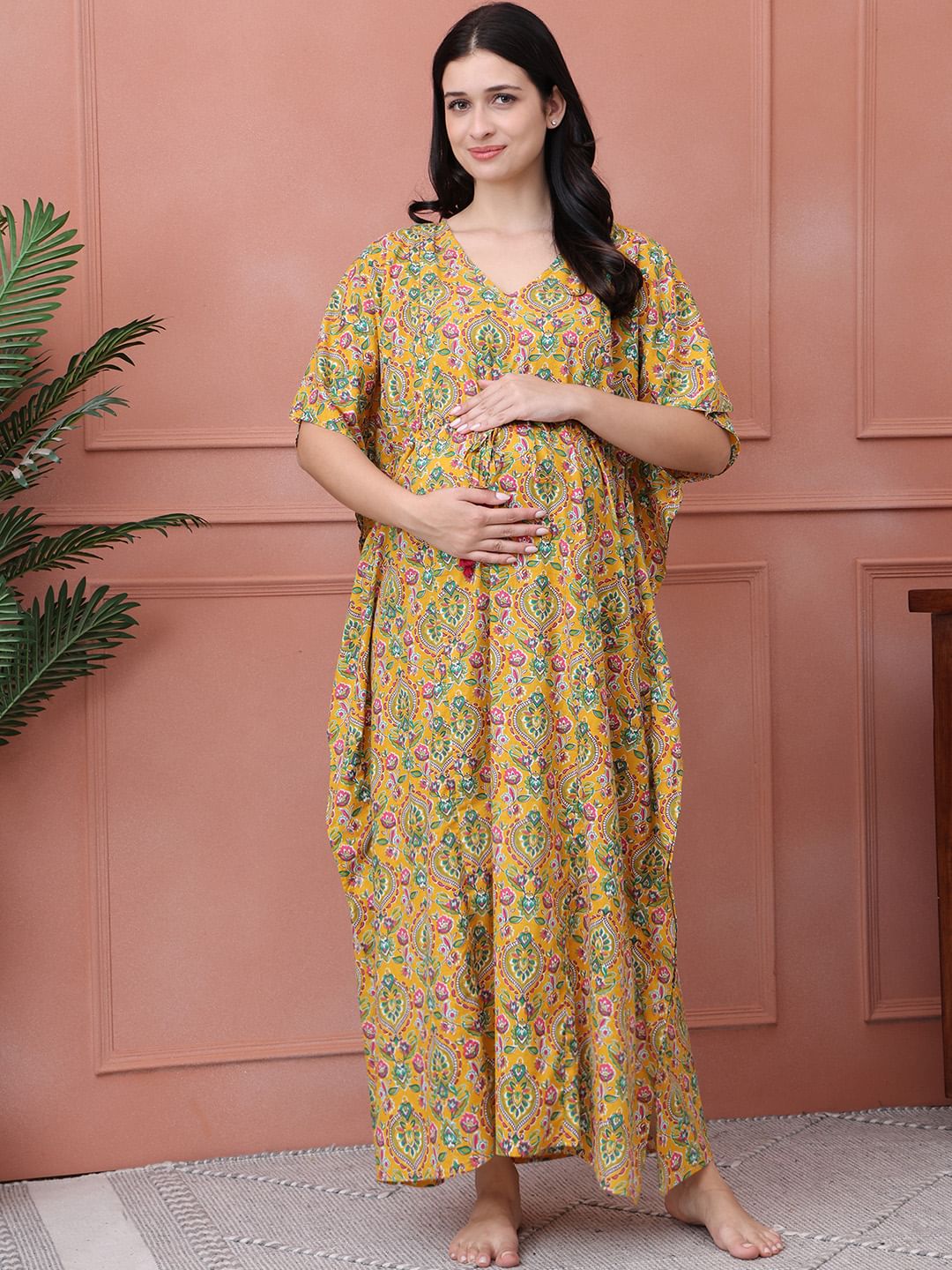 Floral Yellow Cotton Maternity Kaftan
