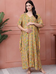 Floral Yellow Cotton Maternity Kaftan