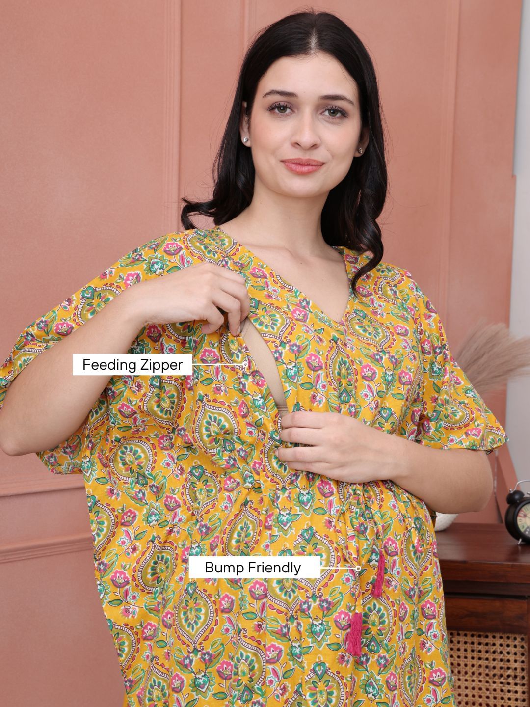 Floral Yellow Cotton Maternity Kaftan