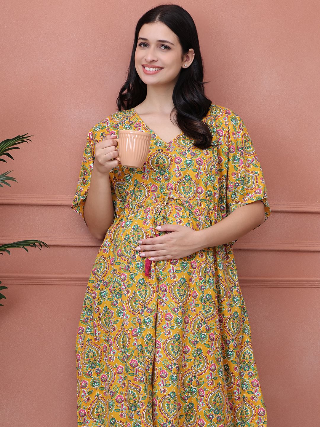 Floral Yellow Cotton Maternity Kaftan